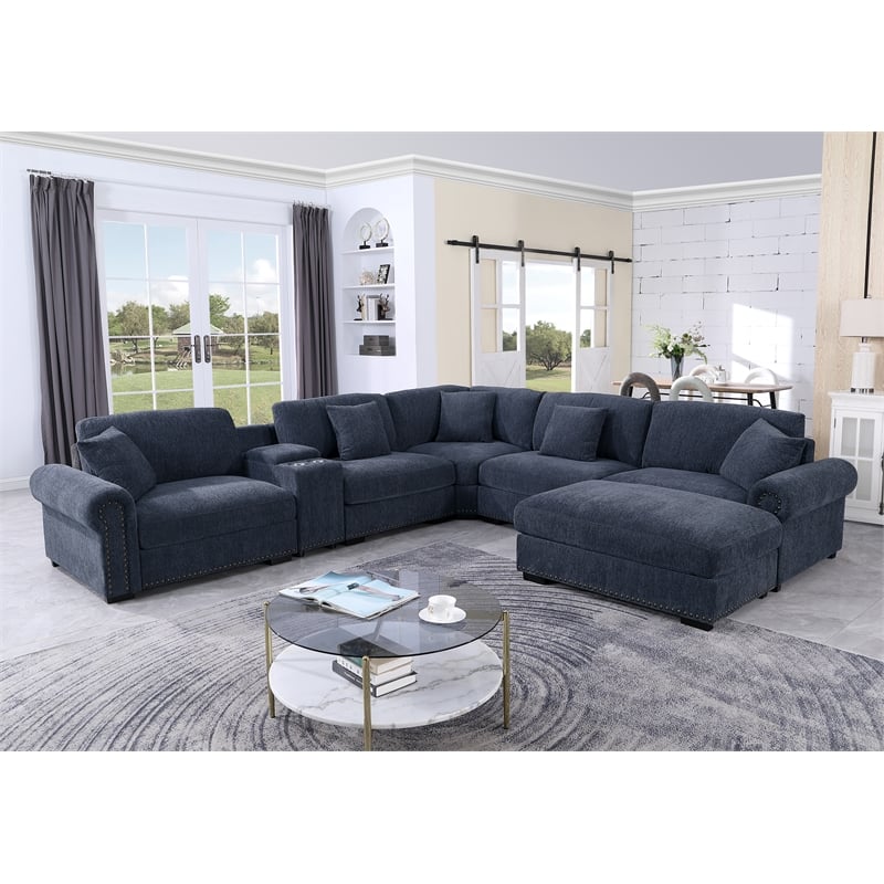Oliver Polyester Sectional Sofa Couch with Ottoman & Cup holder & Charger Blue