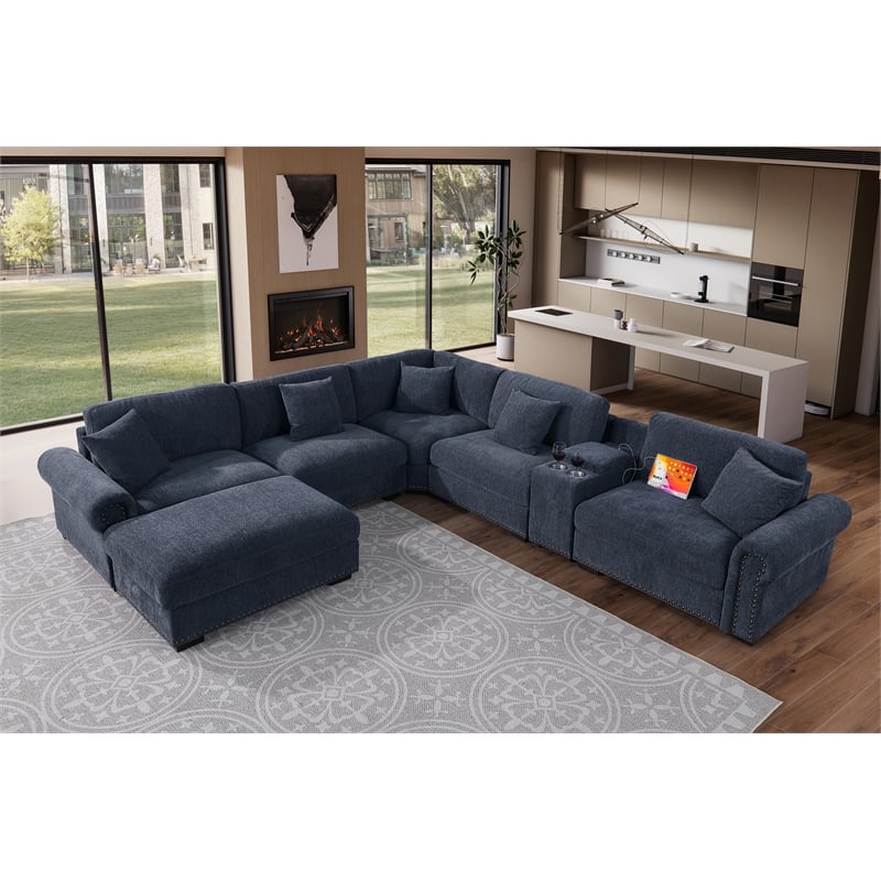 Oliver Polyester Sectional Sofa Couch with Ottoman & Cup holder & Charger Blue