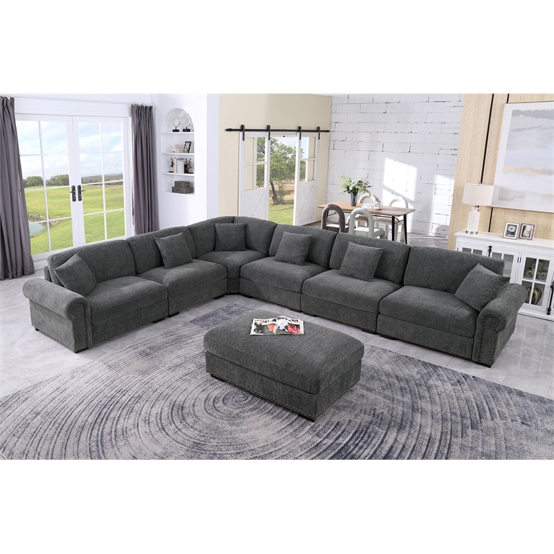 Oliver Polyester Upholstered Large Sectional Sofa 6-seat with ottoman Dark Gray