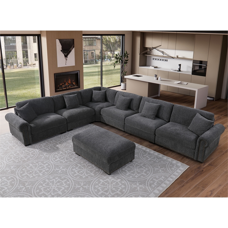 Oliver Polyester Upholstered Large Sectional Sofa 6-seat with ottoman Dark Gray