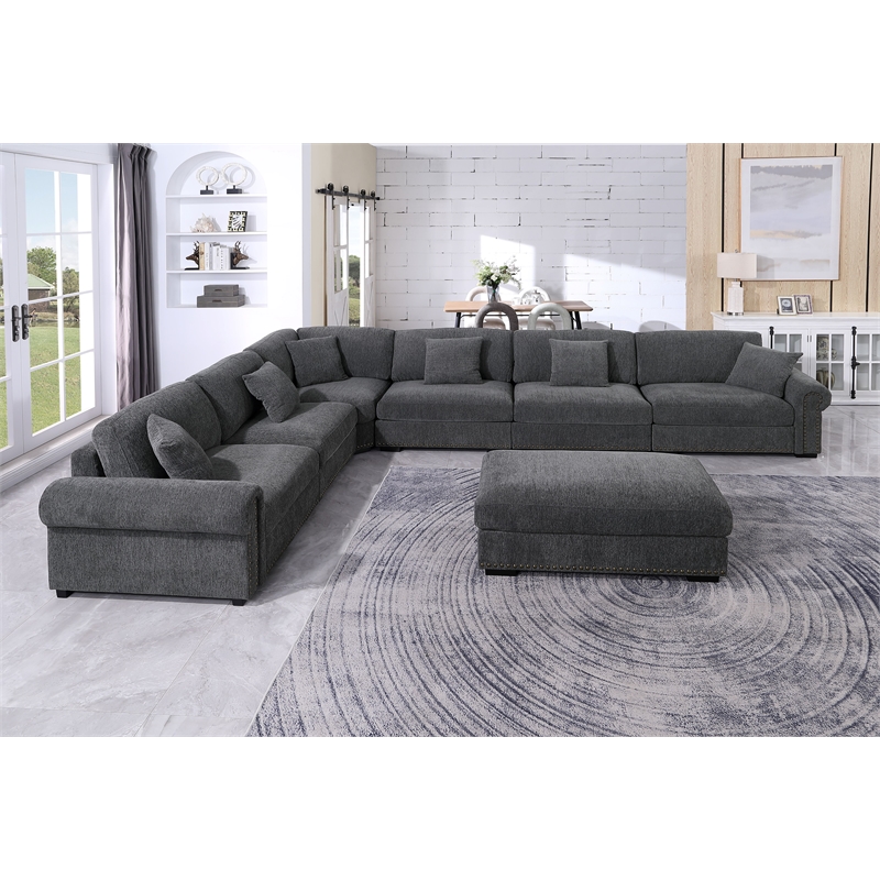 Oliver Polyester Upholstered Large Sectional Sofa 6-seat with ottoman Dark Gray