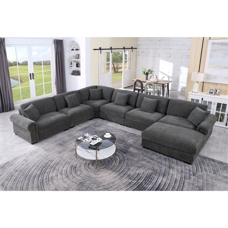 Oliver Polyester Upholstered Large Sectional Sofa 6-seat with ottoman Dark Gray