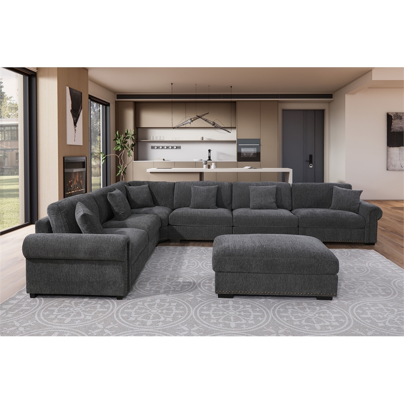 Oliver Polyester Upholstered Large Sectional Sofa 6-seat with ottoman Dark Gray