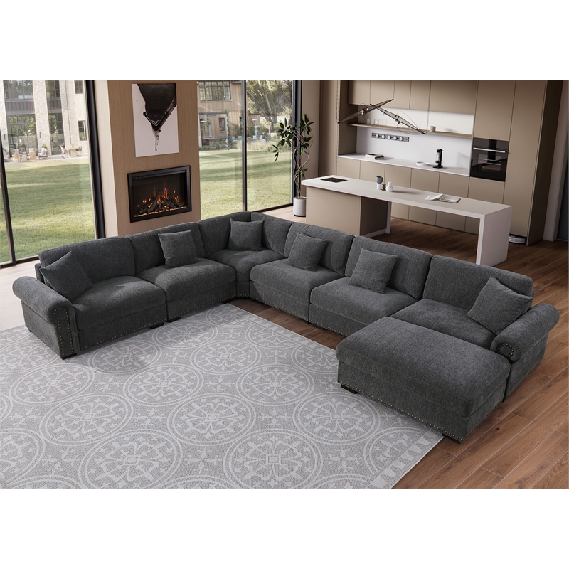 Oliver Polyester Upholstered Large Sectional Sofa 6-seat with ottoman Dark Gray