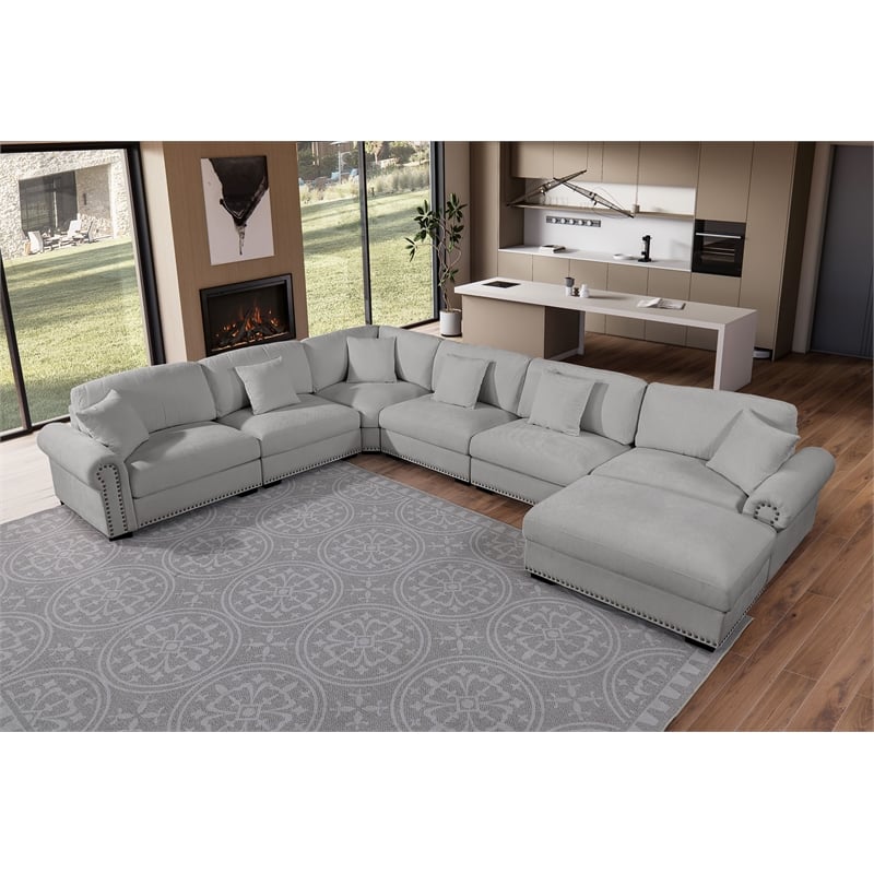 Oliver Polyester Upholstered Large Sectional Sofa 6-seat with ottoman Light Gray