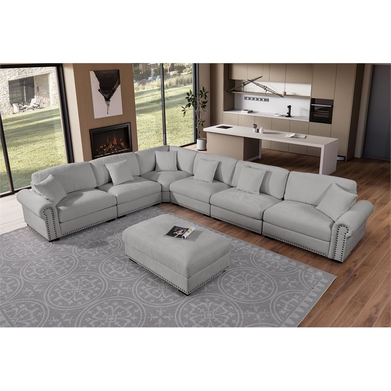 Oliver Polyester Upholstered Large Sectional Sofa 6-seat with ottoman Light Gray
