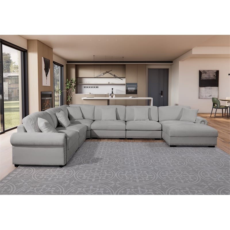 Oliver Polyester Upholstered Large Sectional Sofa 6-seat with ottoman Light Gray