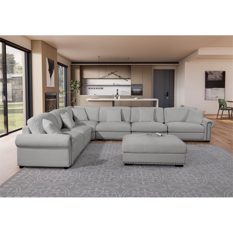 Oliver Polyester Upholstered Large Sectional Sofa 6-seat with ottoman Light Gray