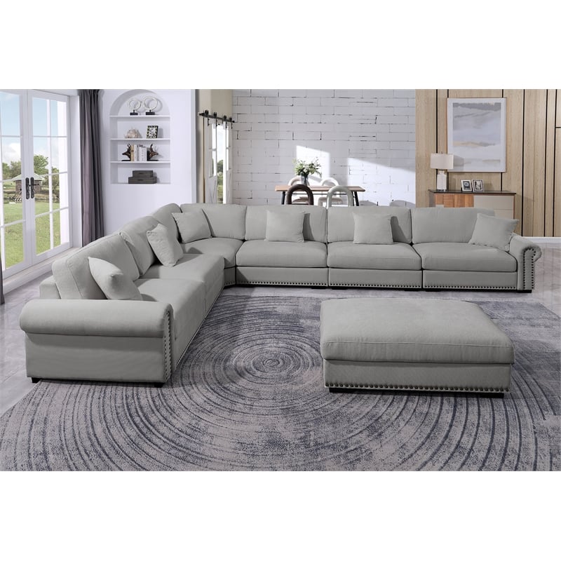 Oliver Polyester Upholstered Large Sectional Sofa 6-seat with ottoman Light Gray