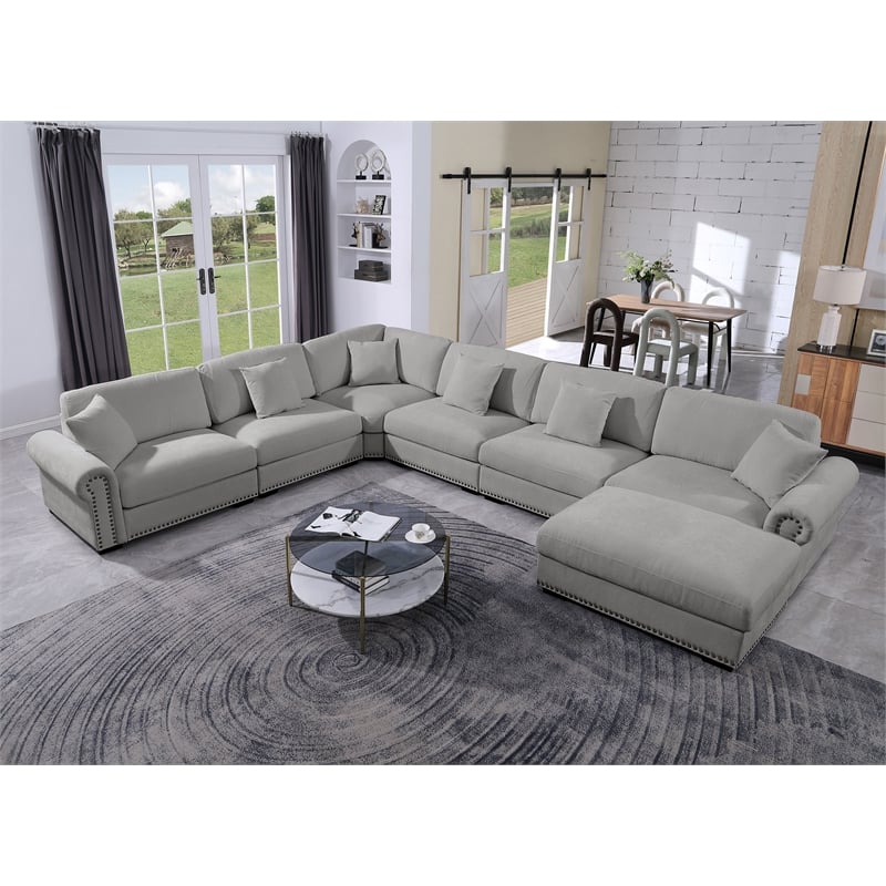 Oliver Polyester Upholstered Large Sectional Sofa 6-seat with ottoman Light Gray