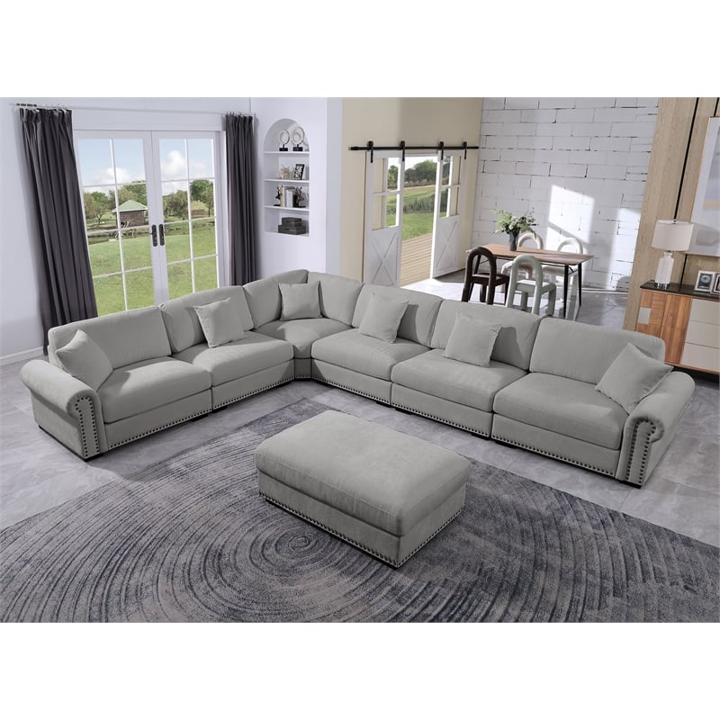 Oliver Polyester Upholstered Large Sectional Sofa 6-seat with ottoman Light Gray