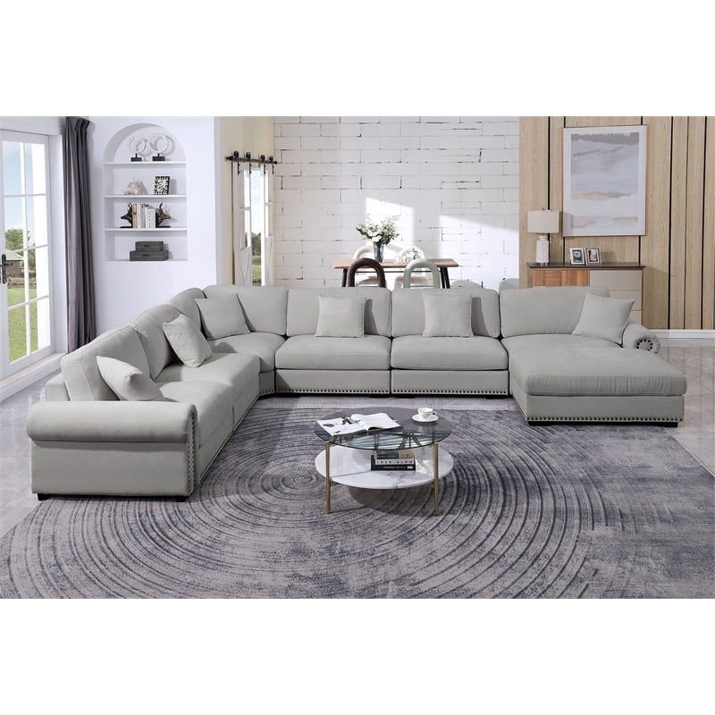 Oliver Polyester Upholstered Large Sectional Sofa 6-seat with ottoman Light Gray