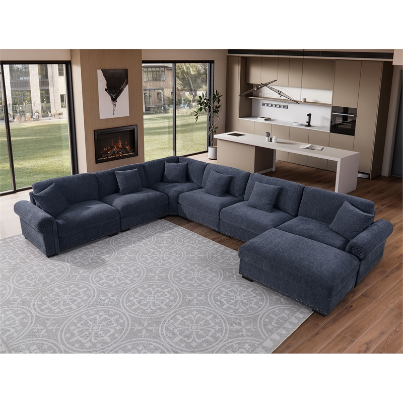 Oliver Polyester Upholstered Large Sectional Sofa 6-seat with ottoman Blue
