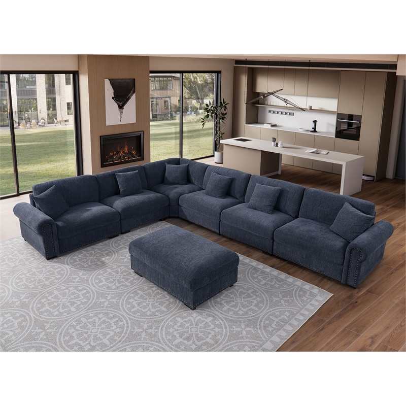 Oliver Polyester Upholstered Large Sectional Sofa 6-seat with ottoman Blue
