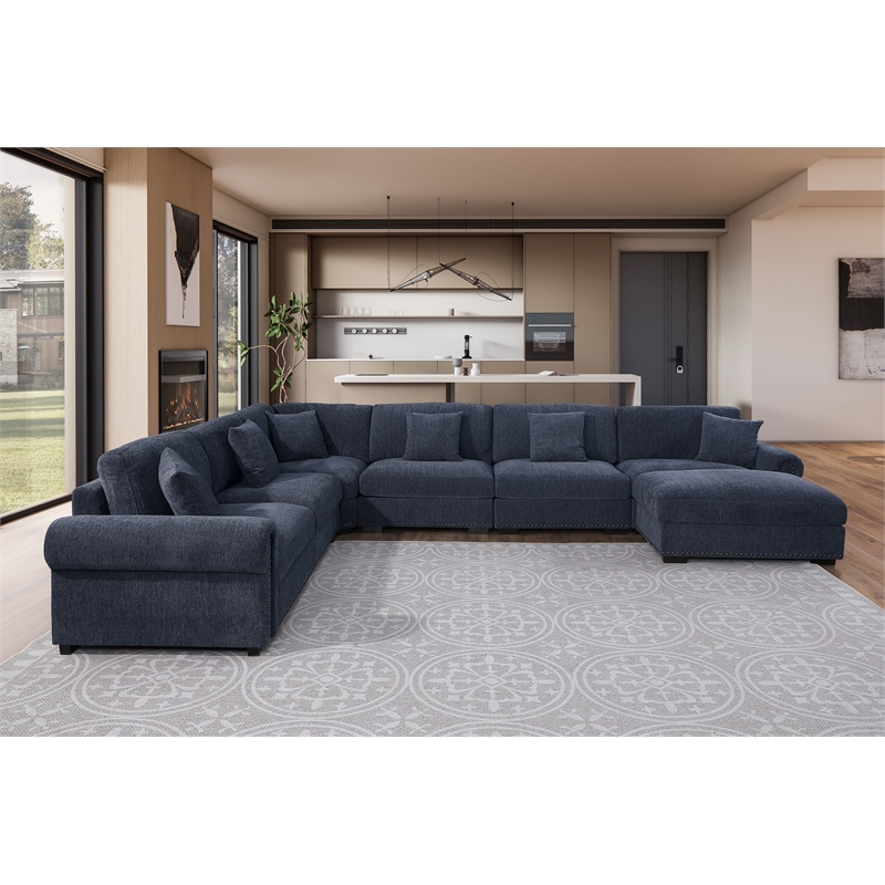 Oliver Polyester Upholstered Large Sectional Sofa 6-seat with ottoman Blue