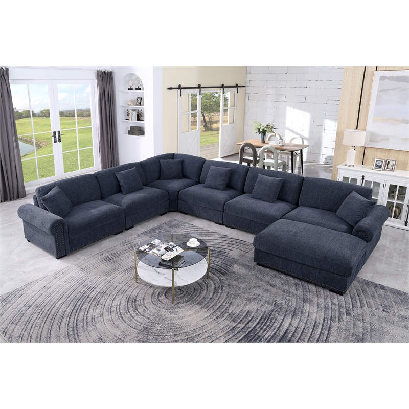Oliver Polyester Upholstered Large Sectional Sofa 6-seat with ottoman Blue