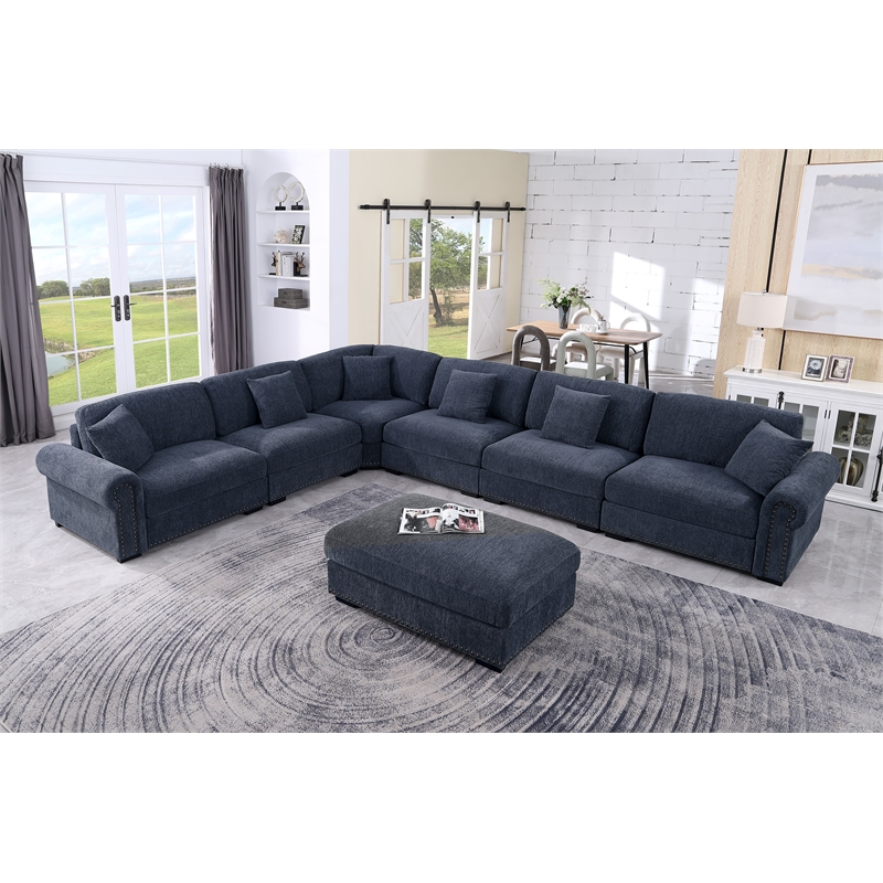 Oliver Polyester Upholstered Large Sectional Sofa 6-seat with ottoman Blue