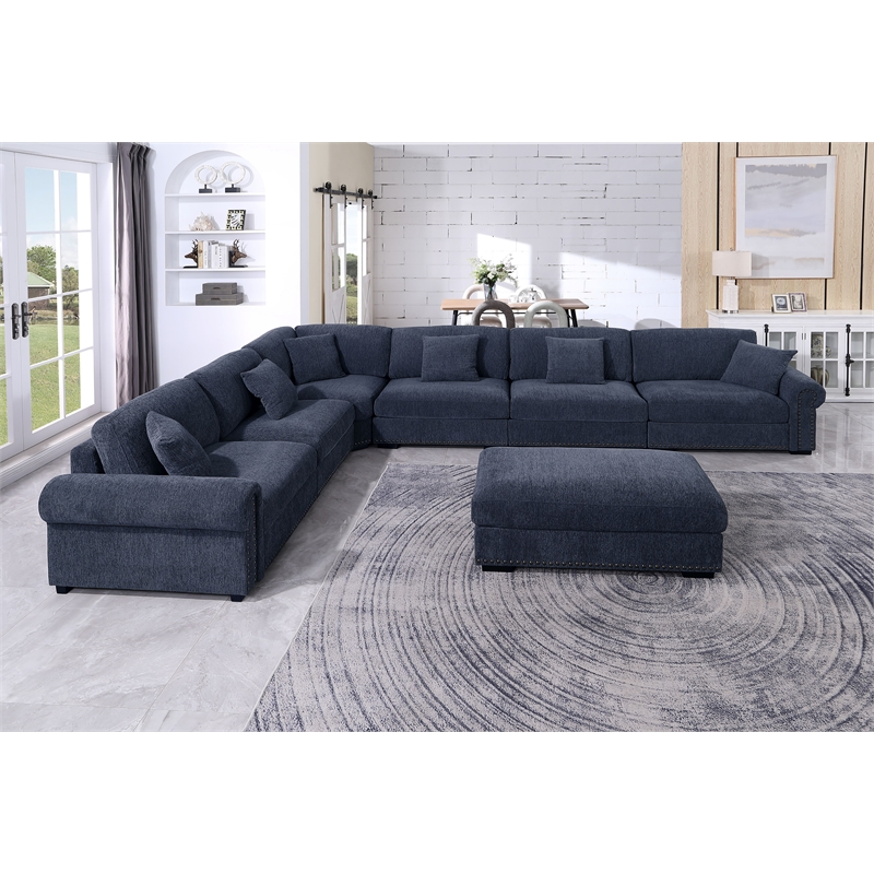 Oliver Polyester Upholstered Large Sectional Sofa 6-seat with ottoman Blue