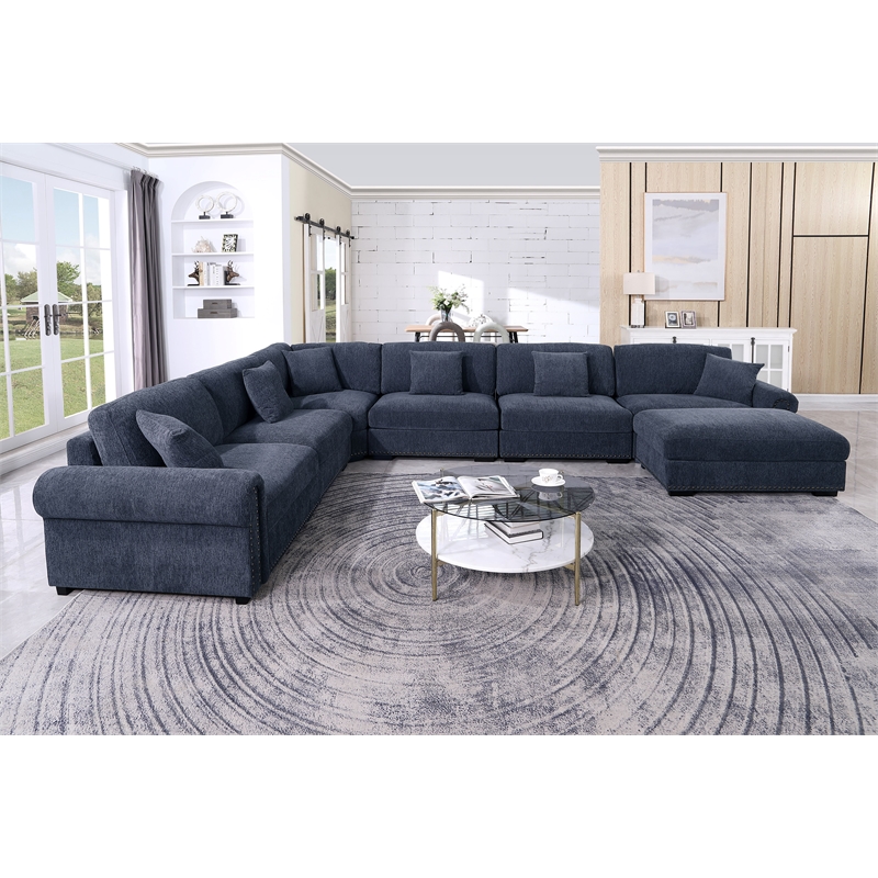 Oliver Polyester Upholstered Large Sectional Sofa 6-seat with ottoman Blue