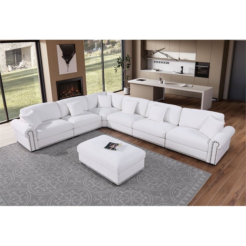 Oliver Polyester Upholstered Large Sectional Sofa 6-seat with ottoman White
