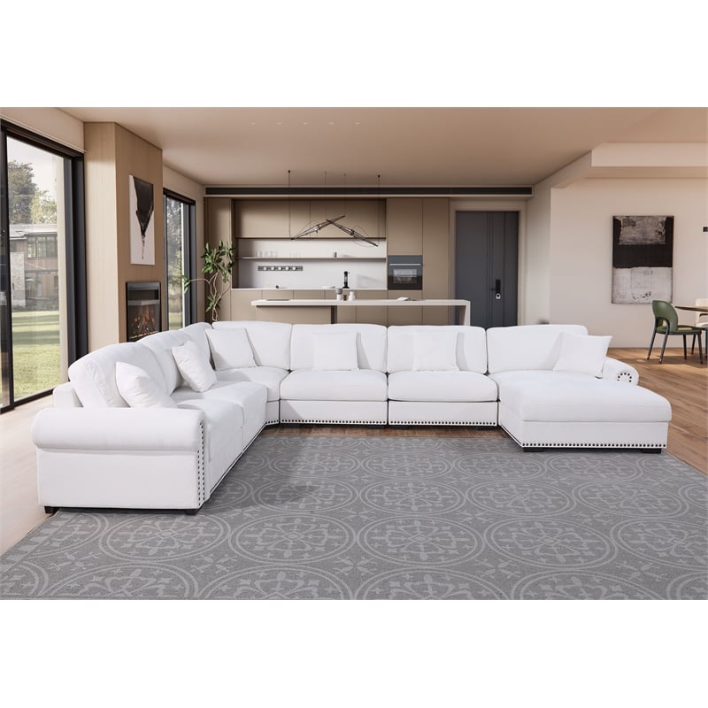 Oliver Polyester Upholstered Large Sectional Sofa 6-seat with ottoman White