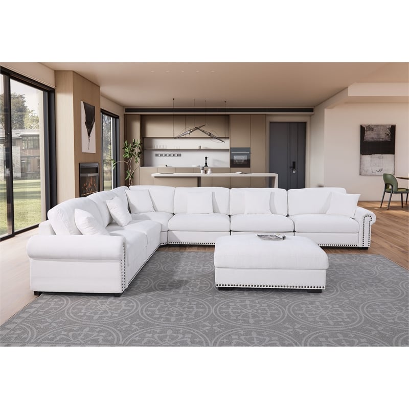 Oliver Polyester Upholstered Large Sectional Sofa 6-seat with ottoman White