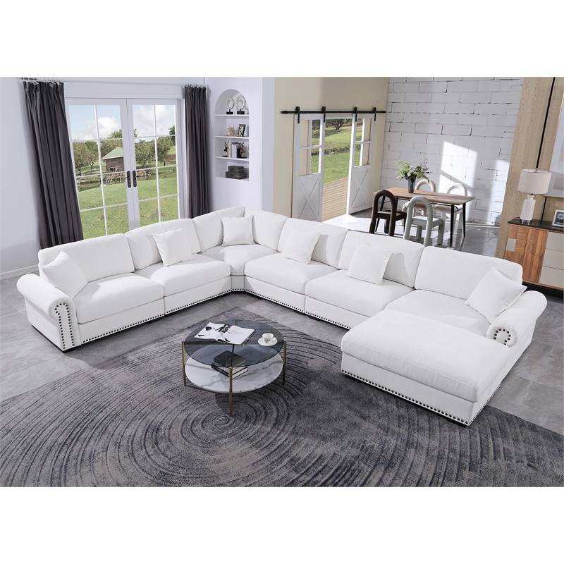 Oliver Polyester Upholstered Large Sectional Sofa 6-seat with ottoman White