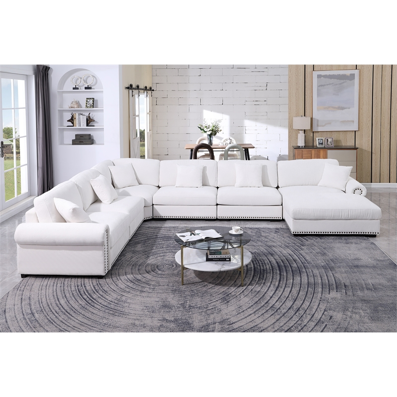Oliver Polyester Upholstered Large Sectional Sofa 6-seat with ottoman White