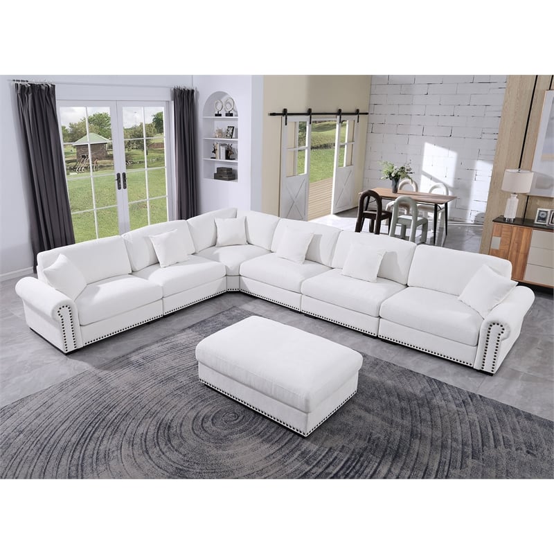 Oliver Polyester Upholstered Large Sectional Sofa 6-seat with ottoman White