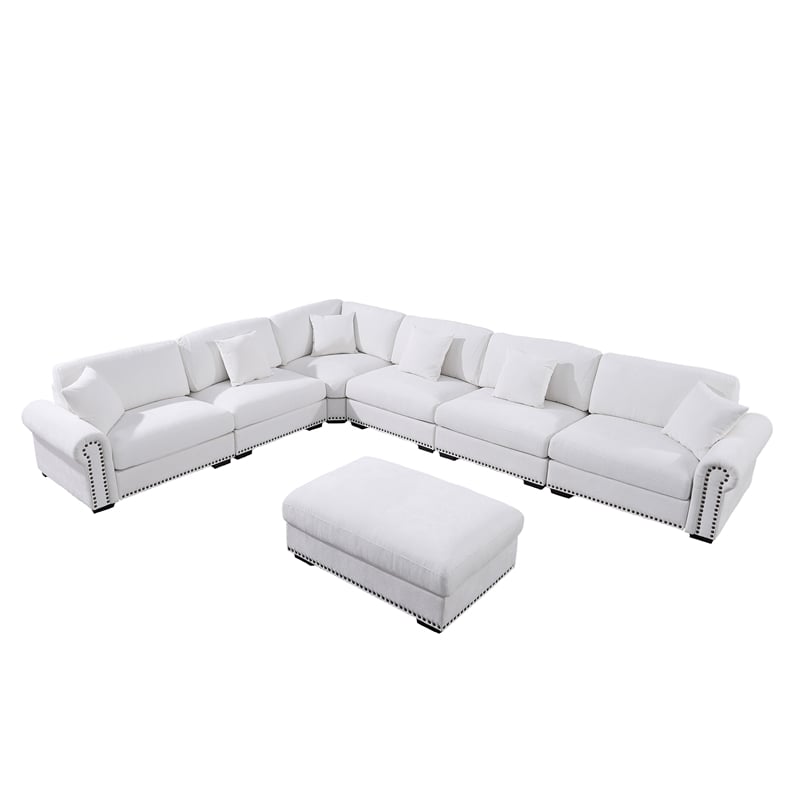 Oliver Polyester Upholstered Large Sectional Sofa 6-seat with ottoman White