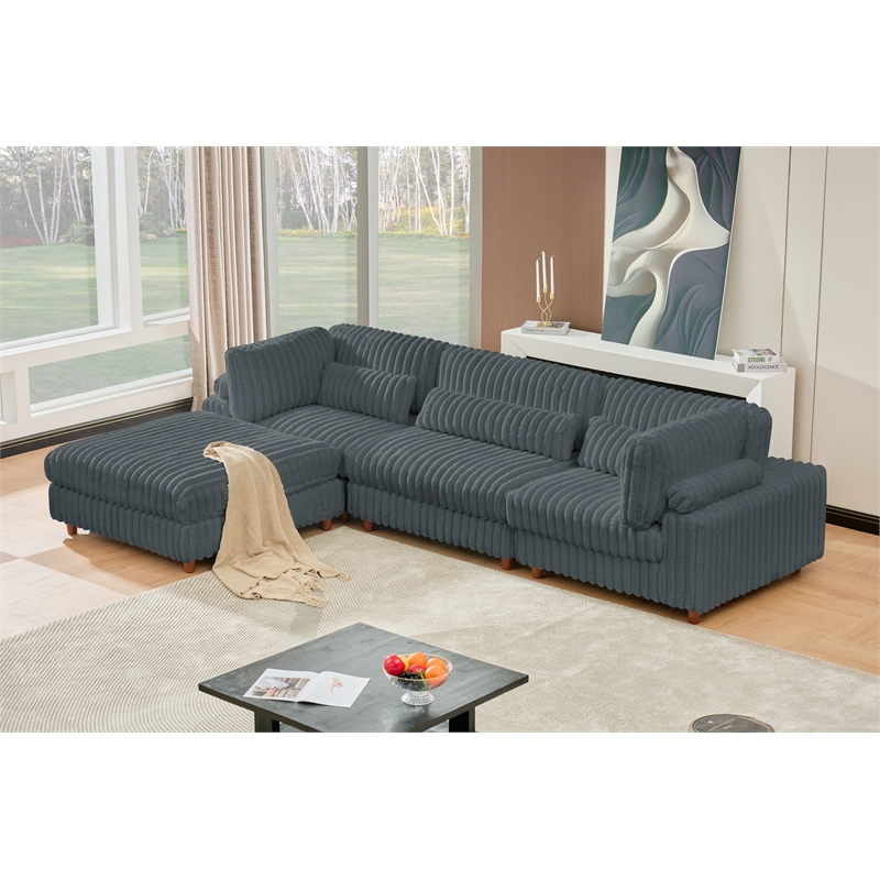 Sally Corduroy Polyester Upholstered Sectional Sofa 3 Seats W/ Ottoman Dark Gray