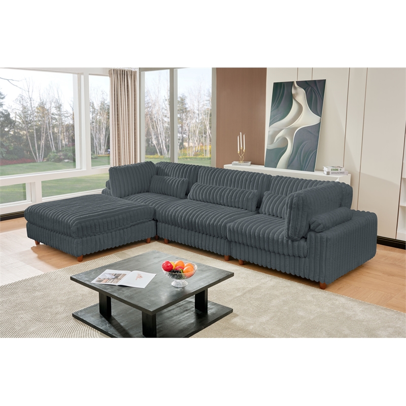 Sally Corduroy Polyester Upholstered Sectional Sofa 3 Seats W/ Ottoman Dark Gray