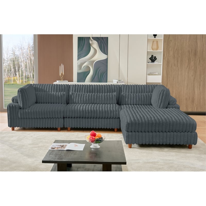 Sally Corduroy Polyester Upholstered Sectional Sofa 3 Seats W/ Ottoman Dark Gray