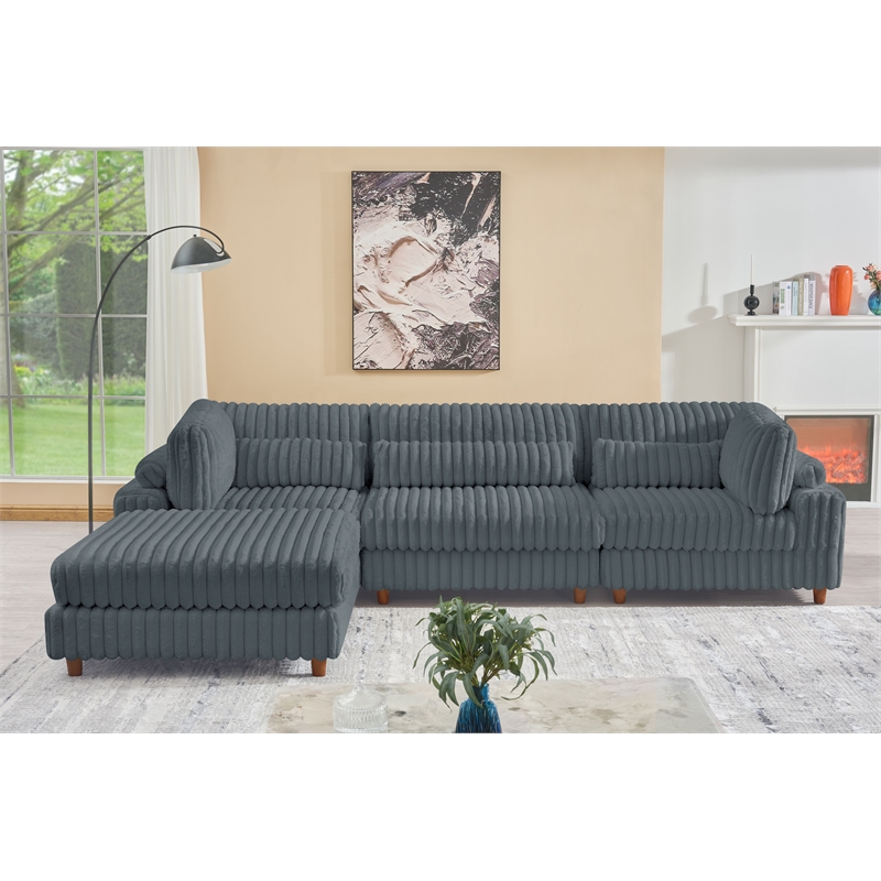 Sally Corduroy Polyester Upholstered Sectional Sofa 3 Seats W/ Ottoman Dark Gray