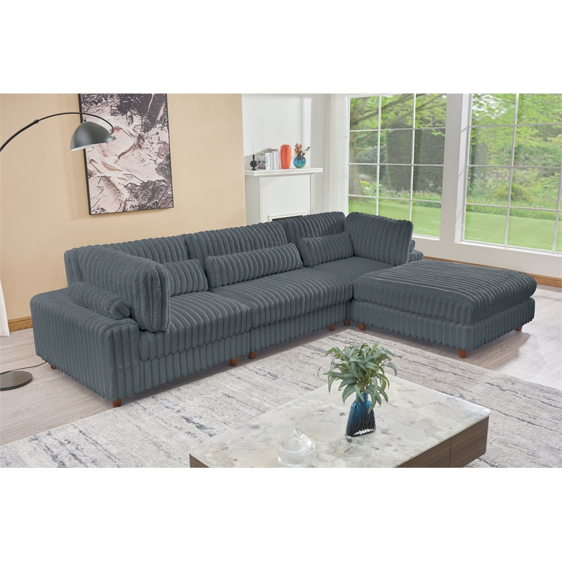 Sally Corduroy Polyester Upholstered Sectional Sofa 3 Seats W/ Ottoman Dark Gray