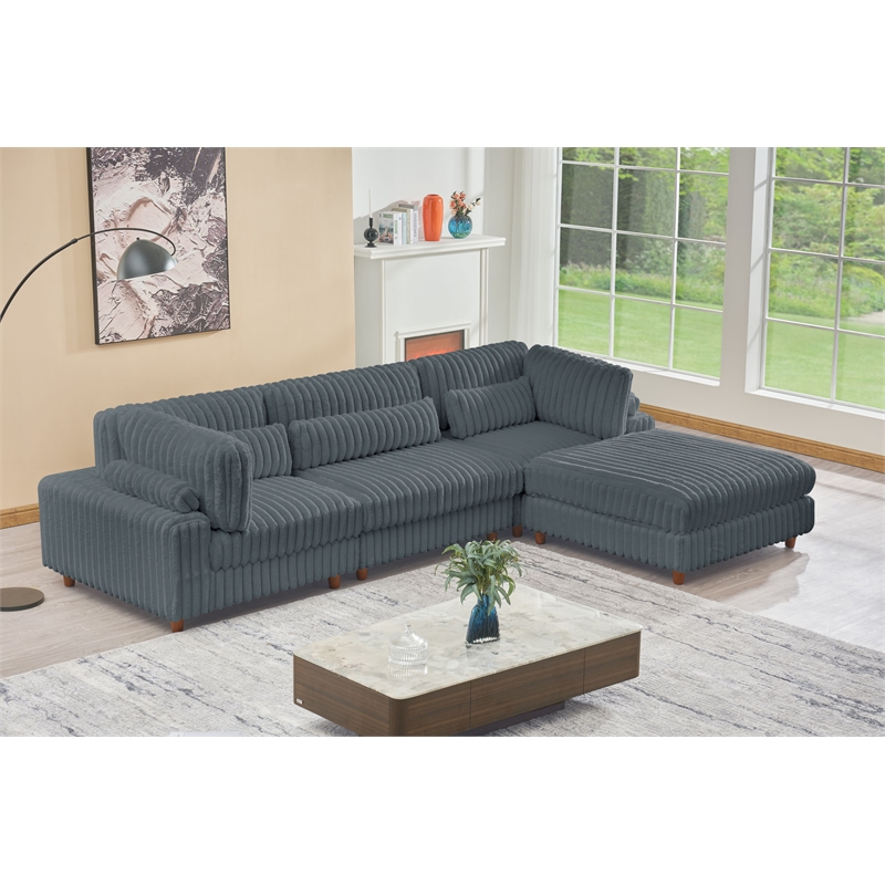 Sally Corduroy Polyester Upholstered Sectional Sofa 3 Seats W/ Ottoman Dark Gray