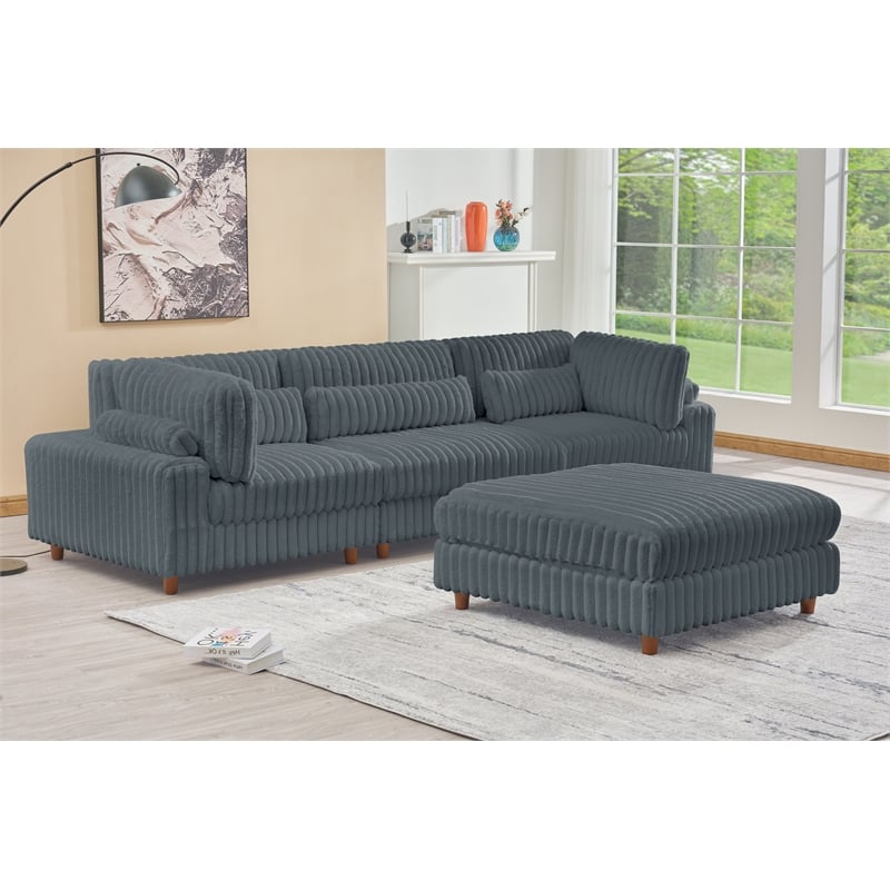 Sally Corduroy Polyester Upholstered Sectional Sofa 3 Seats W/ Ottoman Dark Gray