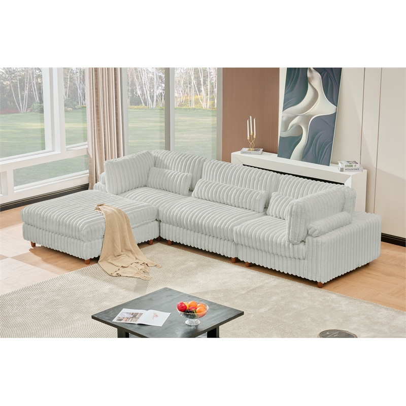 Sally Corduroy Polyester Upholstered Sectional Sofa 3-Seat W/ Ottoman Light Gray