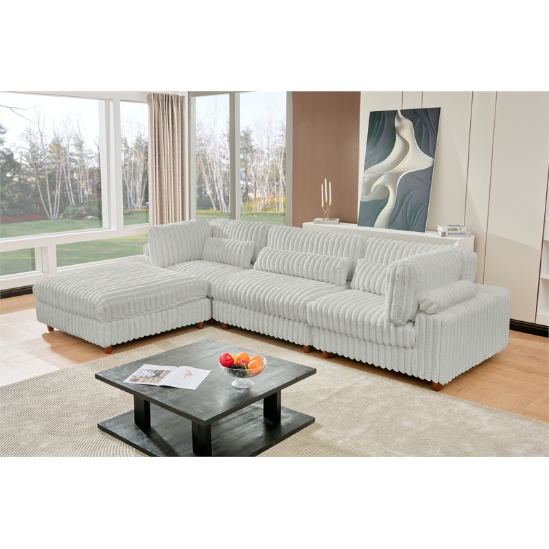 Sally Corduroy Polyester Upholstered Sectional Sofa 3-Seat W/ Ottoman Light Gray