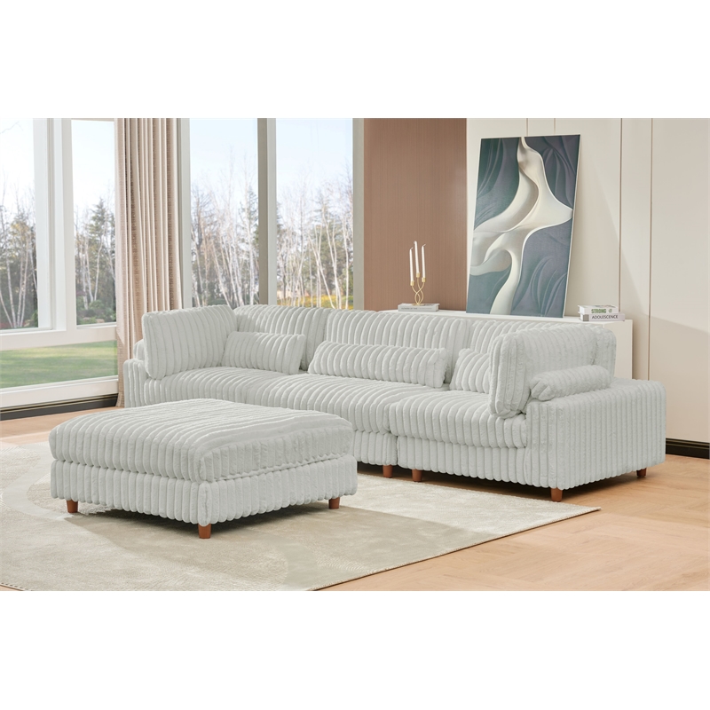 Sally Corduroy Polyester Upholstered Sectional Sofa 3-Seat W/ Ottoman Light Gray