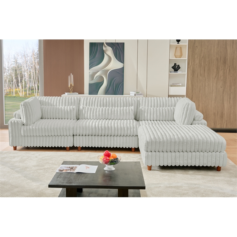 Sally Corduroy Polyester Upholstered Sectional Sofa 3-Seat W/ Ottoman Light Gray