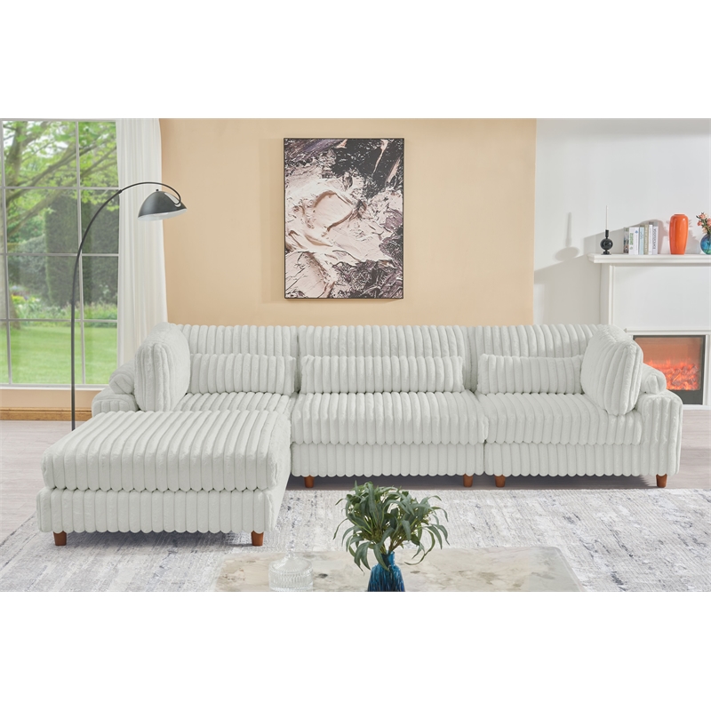Sally Corduroy Polyester Upholstered Sectional Sofa 3-Seat W/ Ottoman Light Gray