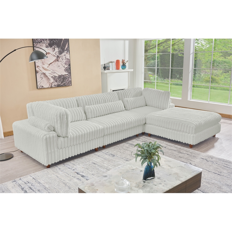 Sally Corduroy Polyester Upholstered Sectional Sofa 3-Seat W/ Ottoman Light Gray