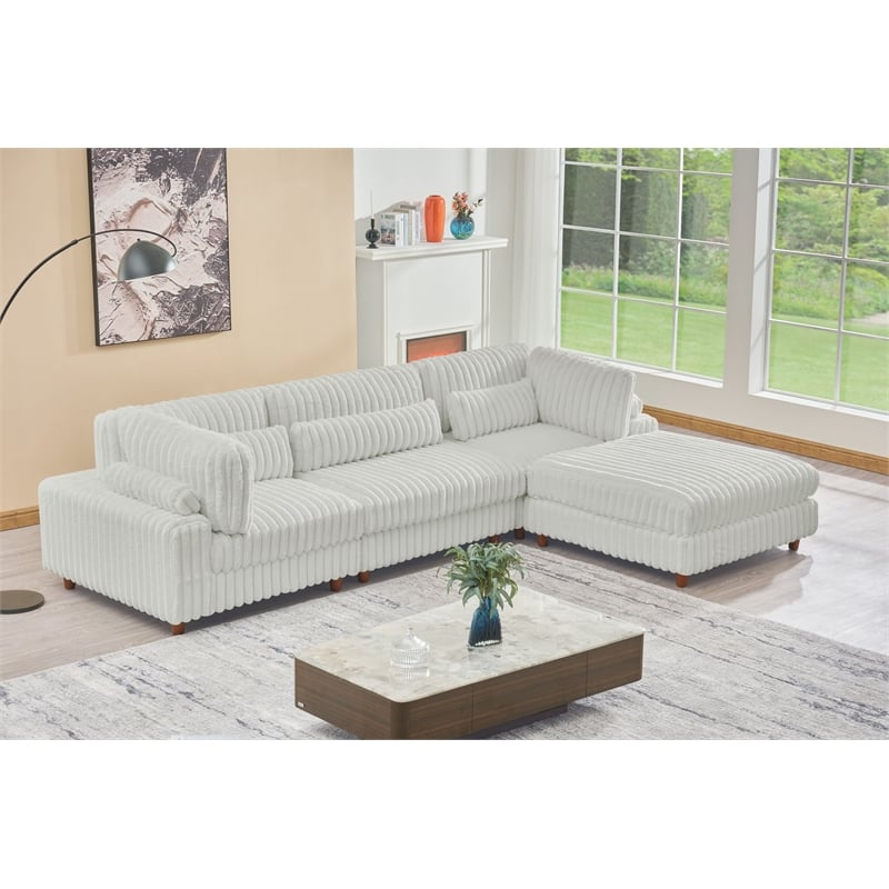Sally Corduroy Polyester Upholstered Sectional Sofa 3-Seat W/ Ottoman Light Gray