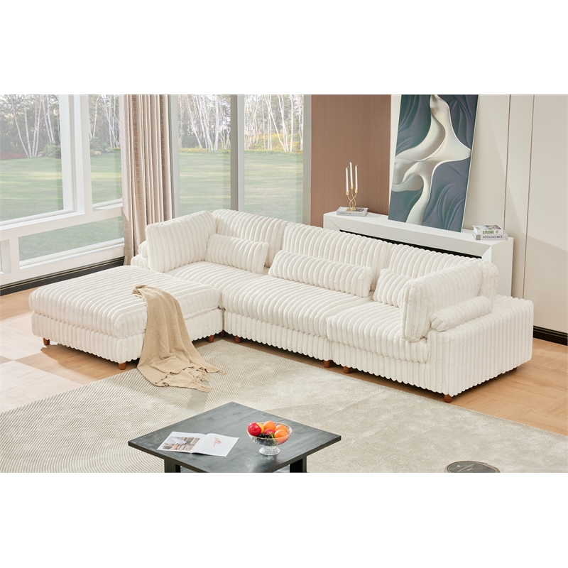 Sally Corduroy Polyester Upholstered Sectional Sofa 3 Seats W/ Ottoman White
