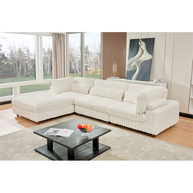 Sally Corduroy Polyester Upholstered Sectional Sofa 3 Seats W/ Ottoman White