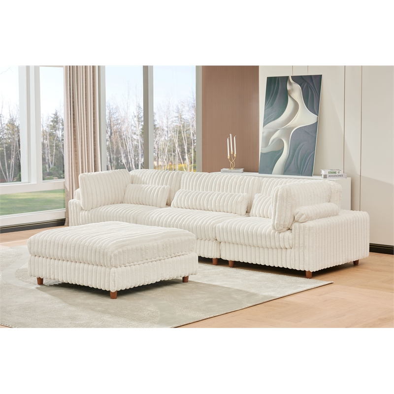 Sally Corduroy Polyester Upholstered Sectional Sofa 3 Seats W/ Ottoman White