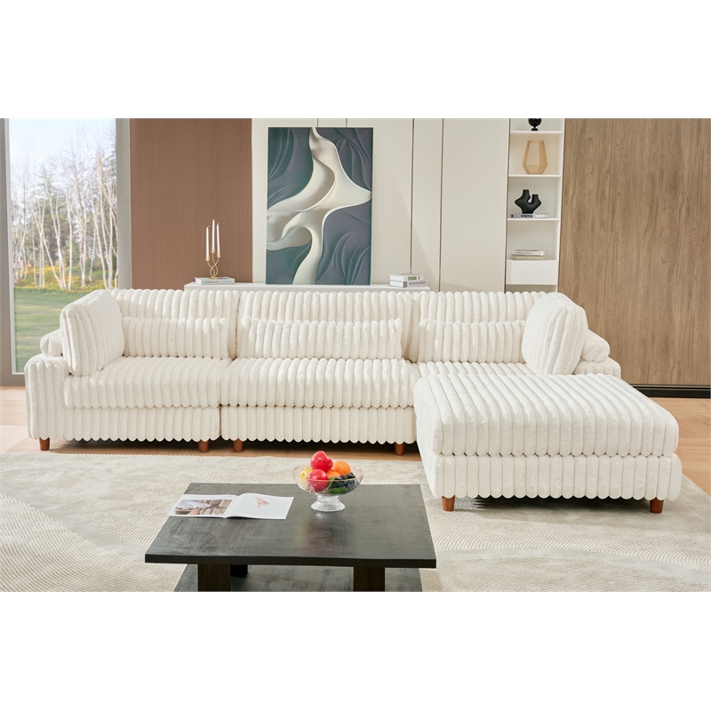Sally Corduroy Polyester Upholstered Sectional Sofa 3 Seats W/ Ottoman White