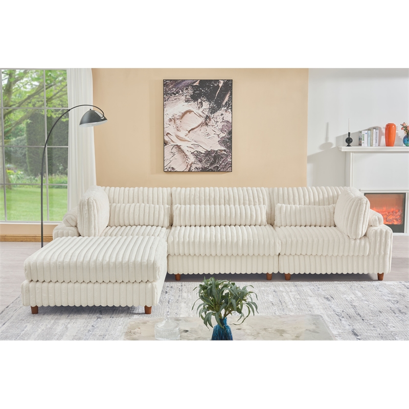 Sally Corduroy Polyester Upholstered Sectional Sofa 3 Seats W/ Ottoman White