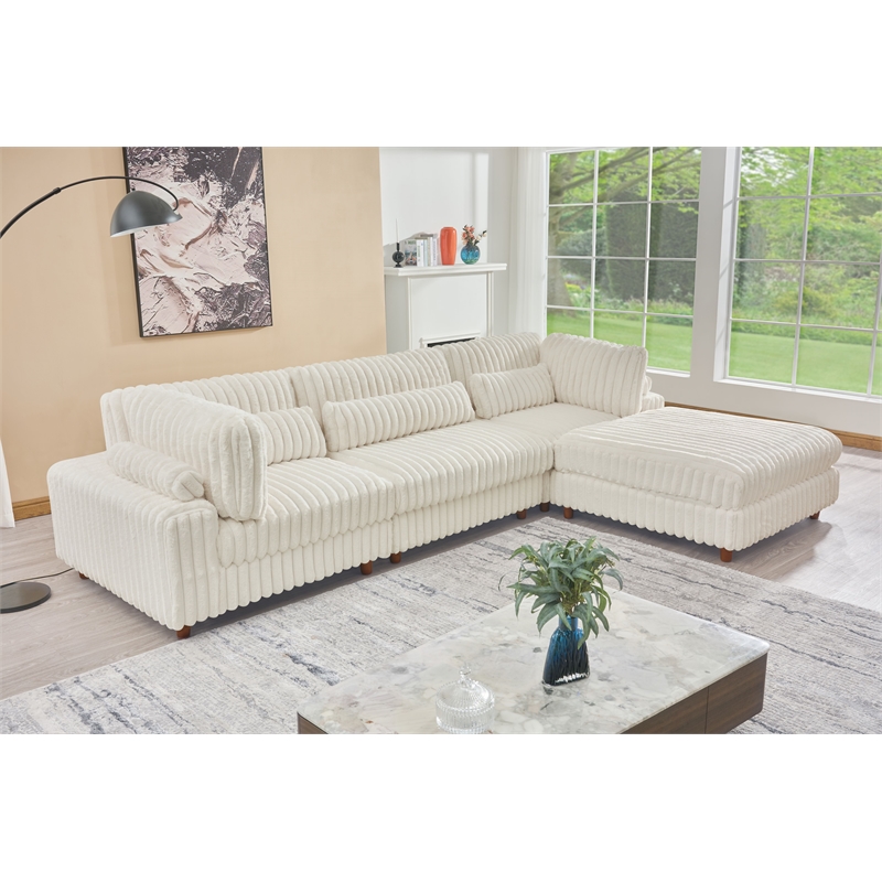 Sally Corduroy Polyester Upholstered Sectional Sofa 3 Seats W/ Ottoman White